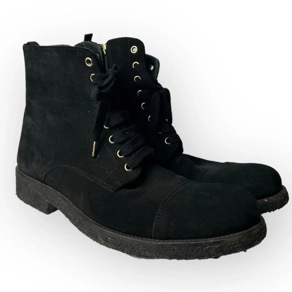ORO Black  Crepe Leather Combat Boots 8 - Picture 1 of 9